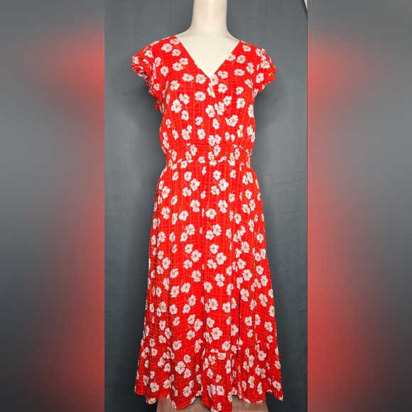 Draper James Red Floral Flutter Sleeve Midi Dress with Pockets - NWOT Size M